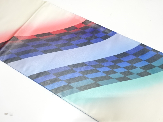 JAPANESE KIMONO / ANTIQUE FUKURO OBI / SILK / DIAGONAL STRIPE & ABSTRACT CHECKRED